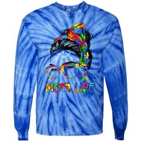 Wo Messy Bun Leopard Autistic Autism Awareness Mom Life Gift Tie-Dye Long Sleeve Shirt