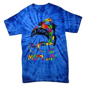 Wo Messy Bun Leopard Autistic Autism Awareness Mom Life Gift Tie-Dye T-Shirt