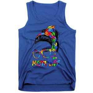 Wo Messy Bun Leopard Autistic Autism Awareness Mom Life Gift Tank Top