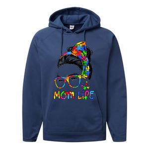 Wo Messy Bun Leopard Autistic Autism Awareness Mom Life Gift Performance Fleece Hoodie