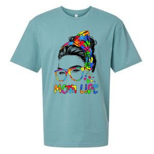 Wo Messy Bun Leopard Autistic Autism Awareness Mom Life Gift Sueded Cloud Jersey T-Shirt