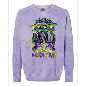 Wo Messy Bun Mardi Gras Feathered Mask Mardi Gras Party Gift Colorblast Crewneck Sweatshirt