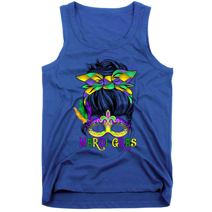 Wo Messy Bun Mardi Gras Feathered Mask Mardi Gras Party Gift Tank Top