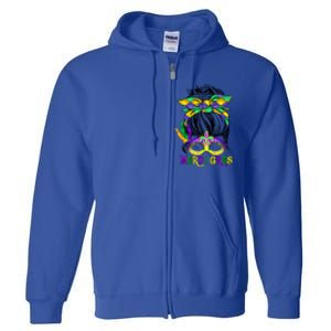 Wo Messy Bun Mardi Gras Feathered Mask Mardi Gras Party Gift Full Zip Hoodie