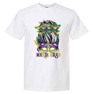 Wo Messy Bun Mardi Gras Feathered Mask Mardi Gras Party Gift Garment-Dyed Heavyweight T-Shirt