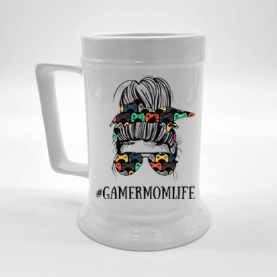 Womens Messy Bun Life Of A Gamer Mom Mother's Day Gaming Mother Beer Stein