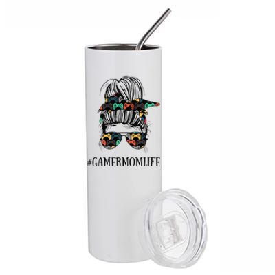 Womens Messy Bun Life Of A Gamer Mom Mother's Day Gaming Mother Stainless Steel Tumbler