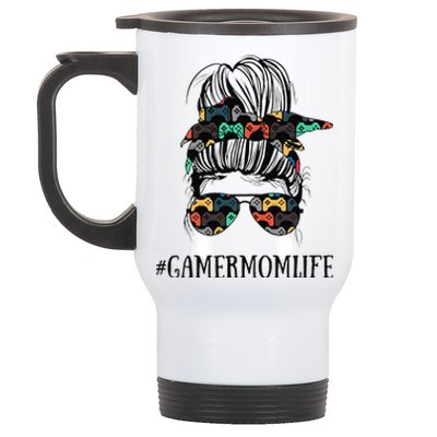 Womens Messy Bun Life Of A Gamer Mom Mother's Day Gaming Mother Stainless Steel Travel Mug