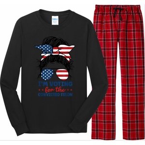 Women Messy Bun Im Voting For The Convicted Felon 4th Of July American Flag Gift Long Sleeve Pajama Set