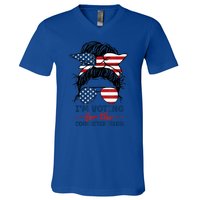 Women Messy Bun Im Voting For The Convicted Felon 4th Of July American Flag Gift V-Neck T-Shirt