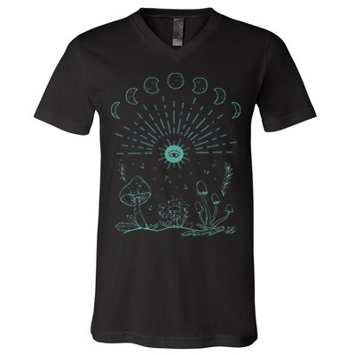 Womens Mushrooms Crystals Moon Phases Sun Eye Cottagecore Aesthetic V-Neck T-Shirt