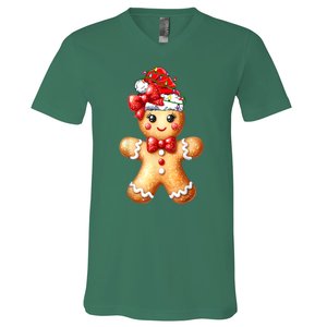 Women Merry Christmas Cute Gingerbread Santa Pajamas Girl Gift V-Neck T-Shirt