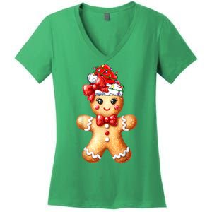 Women Merry Christmas Cute Gingerbread Santa Pajamas Girl Gift Women's V-Neck T-Shirt