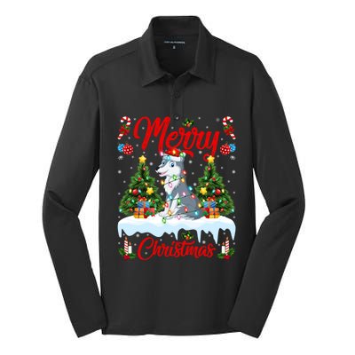 Wolf Merry Christmas Tree Lighting Santa Wolf Xmas Gift Silk Touch Performance Long Sleeve Polo