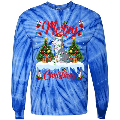 Wolf Merry Christmas Tree Lighting Santa Wolf Xmas Gift Tie-Dye Long Sleeve Shirt