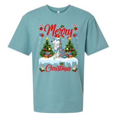 Wolf Merry Christmas Tree Lighting Santa Wolf Xmas Gift Sueded Cloud Jersey T-Shirt