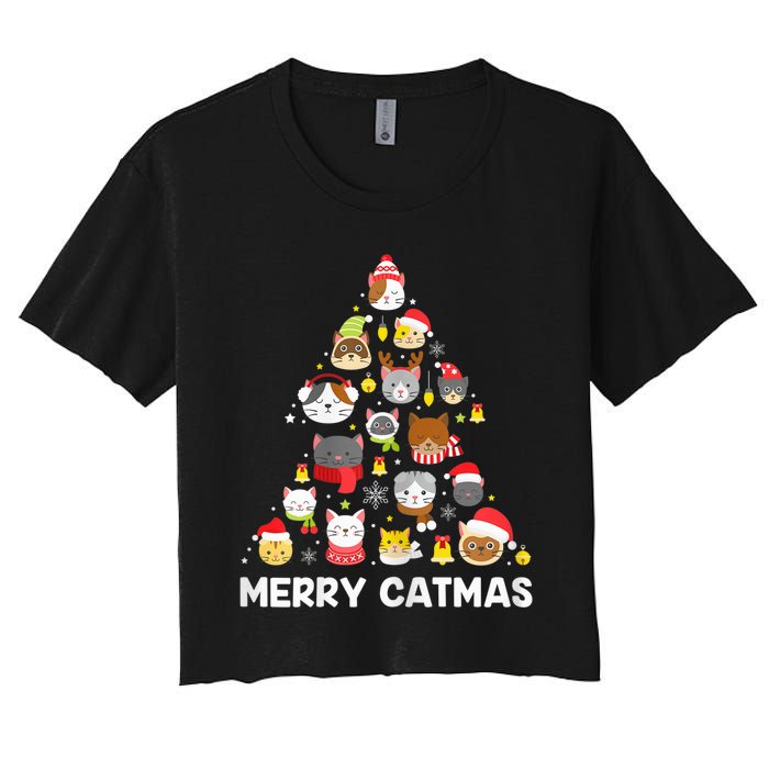 Wo Merry Catmas Funny Christmas Cat Shirt for Cat Lovers Women's Crop Top Tee