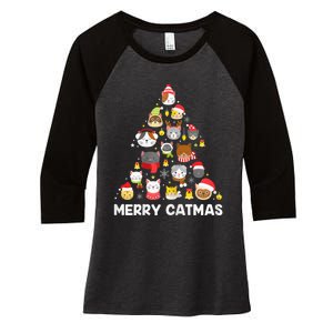 Wo Merry Catmas Funny Christmas Cat Shirt for Cat Lovers Women's Tri-Blend 3/4-Sleeve Raglan Shirt