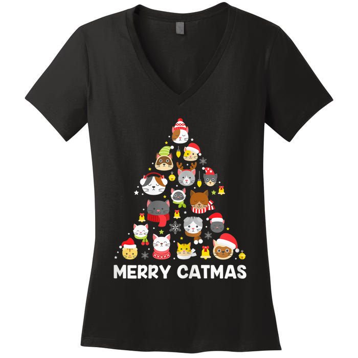 Wo Merry Catmas Funny Christmas Cat Shirt for Cat Lovers Women's V-Neck T-Shirt