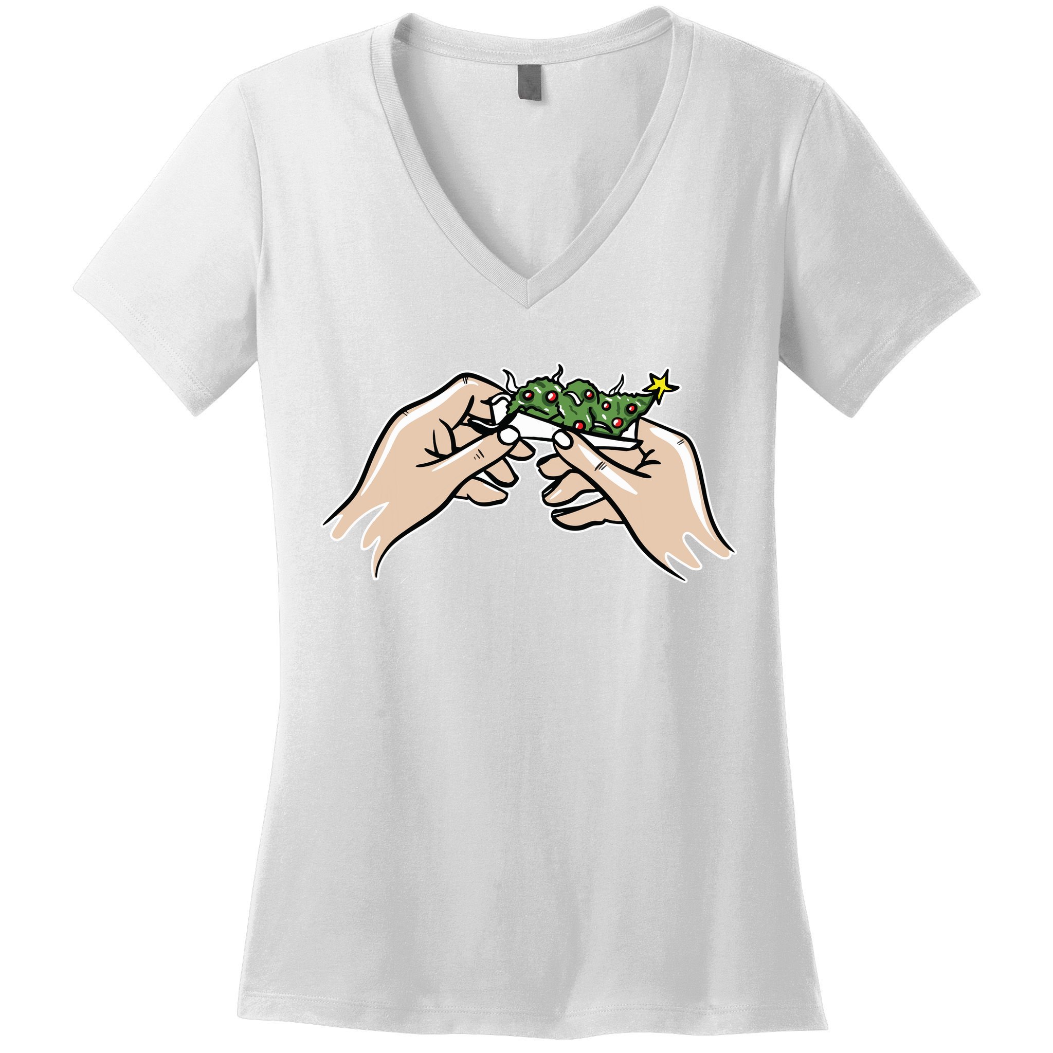 Weed Marijuana Christmas Xmas Tree Ornaments Smoker Gift Women's V-Neck T-Shirt