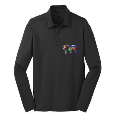 World Map Country Flag Atlas Gift Silk Touch Performance Long Sleeve Polo