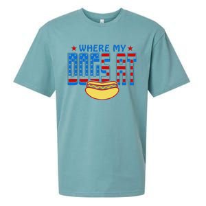 Where My Dogs At Funny 4th Of July Humor Hot Dog Lover Sueded Cloud Jersey T-Shirt