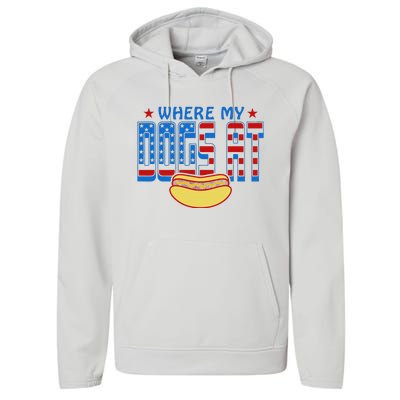 Where My Dogs At Funny 4th Of July Design Performance Fleece Hoodie