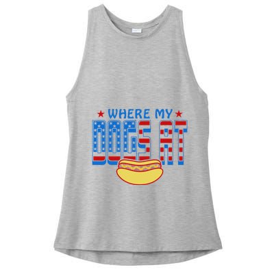 Where My Dogs At Funny 4th Of July Design Ladies PosiCharge Tri-Blend Wicking Tank