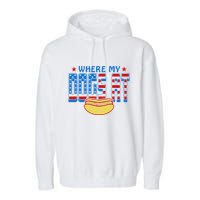 Where My Dogs At Funny 4th Of July Design Garment-Dyed Fleece Hoodie