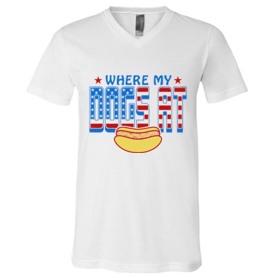 Where My Dogs At Funny 4th Of July Design V-Neck T-Shirt