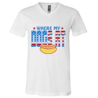 Where My Dogs At Funny 4th Of July Design V-Neck T-Shirt