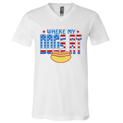 Where My Dogs At Funny 4th Of July Design V-Neck T-Shirt