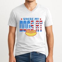 Where My Dogs At Funny 4th Of July Design V-Neck T-Shirt