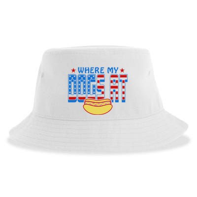 Where My Dogs At Funny 4th Of July Design Sustainable Bucket Hat