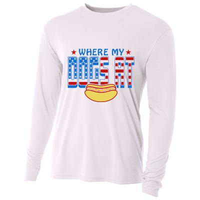 Where My Dogs At Funny 4th Of July Design Cooling Performance Long Sleeve Crew