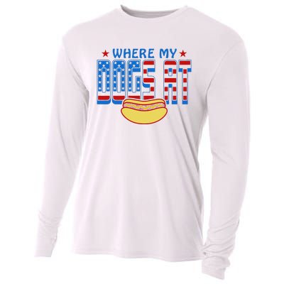 Where My Dogs At Funny 4th Of July Design Cooling Performance Long Sleeve Crew