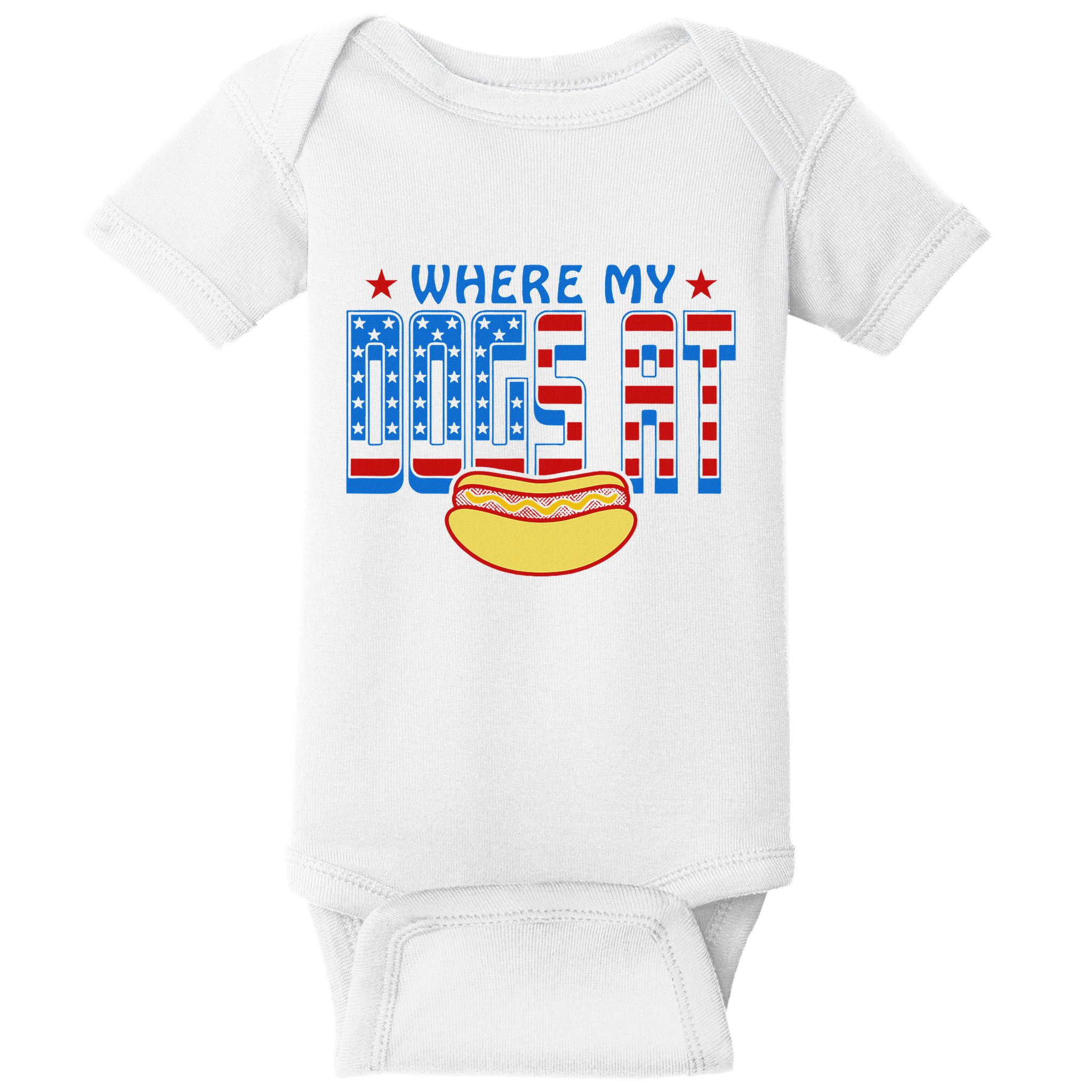 Where My Dogs At Funny 4th Of July Design Baby Bodysuit