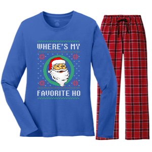 WhereS My Favorite Ho Santa Ugly Christmas Gift Women's Long Sleeve Flannel Pajama Set 