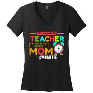 Womens My Favorite Teacher Mothers Day Retro Mom Life Momma Women's V-Neck T-Shirt