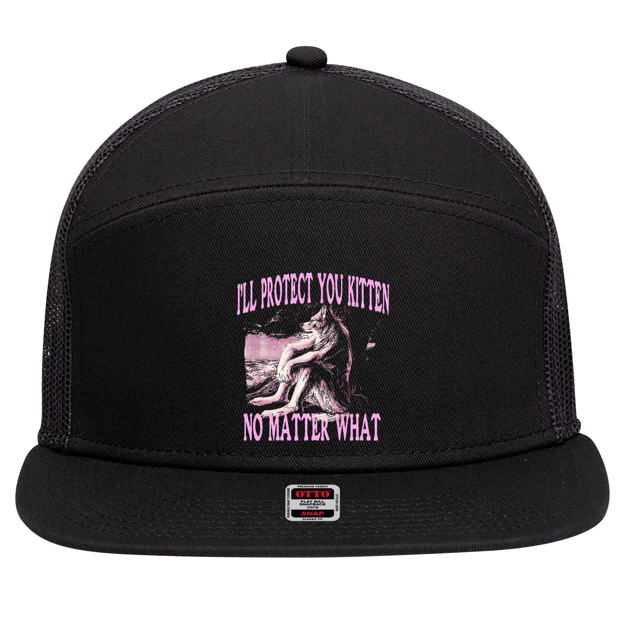 Wolf Meme Funny Ill Protect You Kitten No Matter What 7 Panel Mesh Trucker Snapback Hat