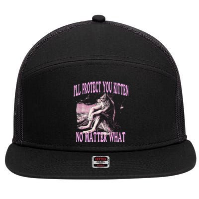 Wolf Meme Funny Ill Protect You Kitten No Matter What 7 Panel Mesh Trucker Snapback Hat