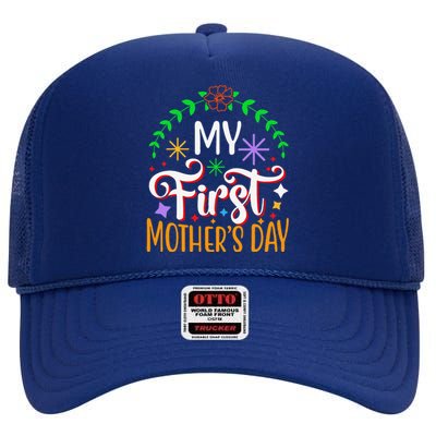 Women's My First Mothers Day Pregnancy Announcement Funny High Crown Mesh Back Trucker Hat