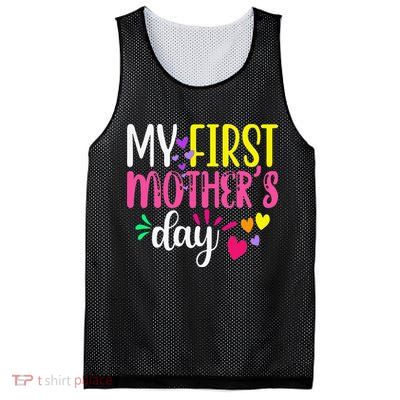 Women's My First Mothers Day Pregnancy Announcement Funy Cute Mesh Reversible Basketball Jersey Tank