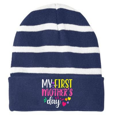 Women's My First Mothers Day Pregnancy Announcement Funy Cute Striped Beanie with Solid Band