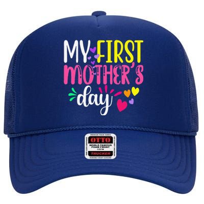 Women's My First Mothers Day Pregnancy Announcement Funy Cute High Crown Mesh Back Trucker Hat