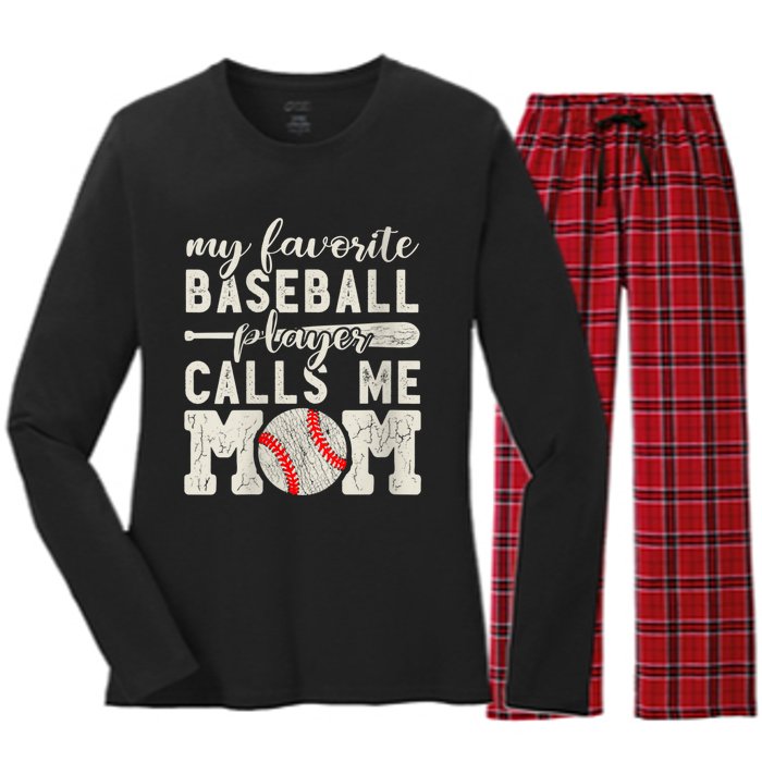 Womens My Favorite Baseball Player Calls Me Mom Cheer Mother Women's Long Sleeve Flannel Pajama Set 