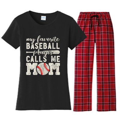 Womens My Favorite Baseball Player Calls Me Mom Cheer Mother Women's Flannel Pajama Set