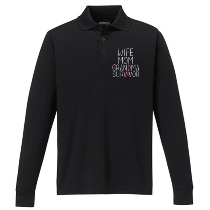 Wife Mom Grandma Survivor Pink Ribbon Breast Cancer Gift Performance Long Sleeve Polo