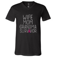 Wife Mom Grandma Survivor Pink Ribbon Breast Cancer Gift V-Neck T-Shirt