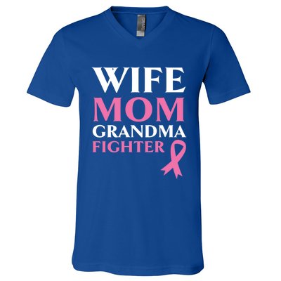 Wife Mom Grandma Fighter Breast Cancer Warrior Cool Gift V-Neck T-Shirt